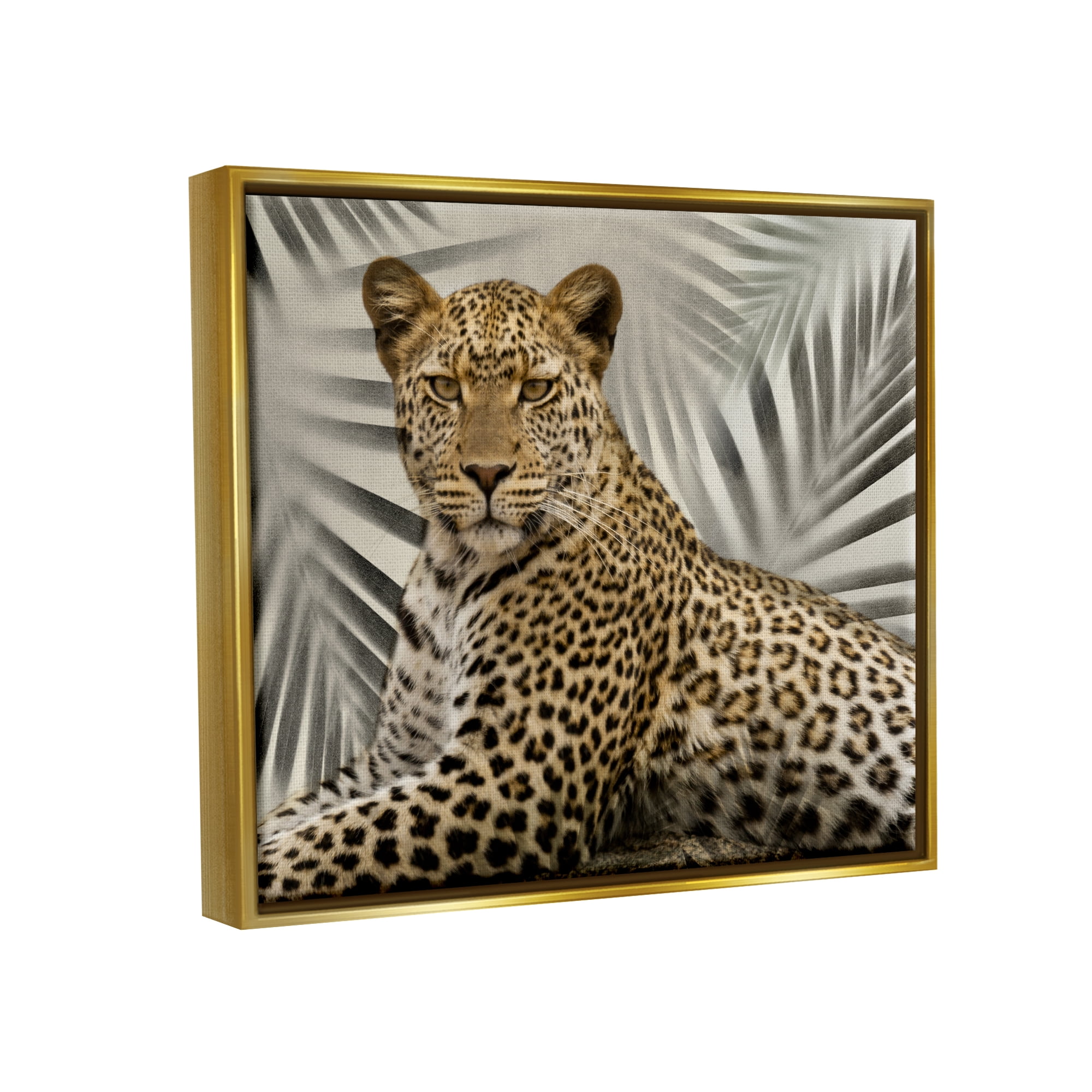 Stupell Industries Leopard with Palm Fronds Animals & Insects Painting Gold Floater Framed Canvas Art Print Wall Art, 31 x 25