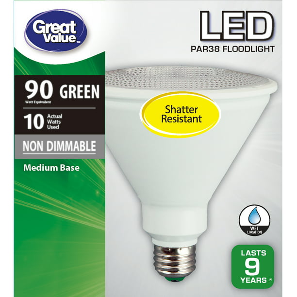 Utroskab bille Phobia Great Value LED Light Bulb, 10W (90W Equivalent) PAR38 Floodlight Lamp E26  Medium Base, Non-dimmable, Green, 1-Pack - Walmart.com