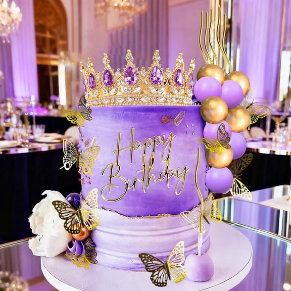 Purple Crown Cake Decorations Set - Luxury Queen Theme Gold & Purple Party Decor for Birthday Anniversary