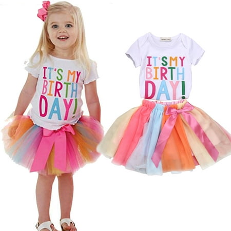 Toddler Kids Baby Girls Birthday Outfits Clothes Short Sleeve T-shirt Tops+Rainbow Tutu Skirt Sets 1-2