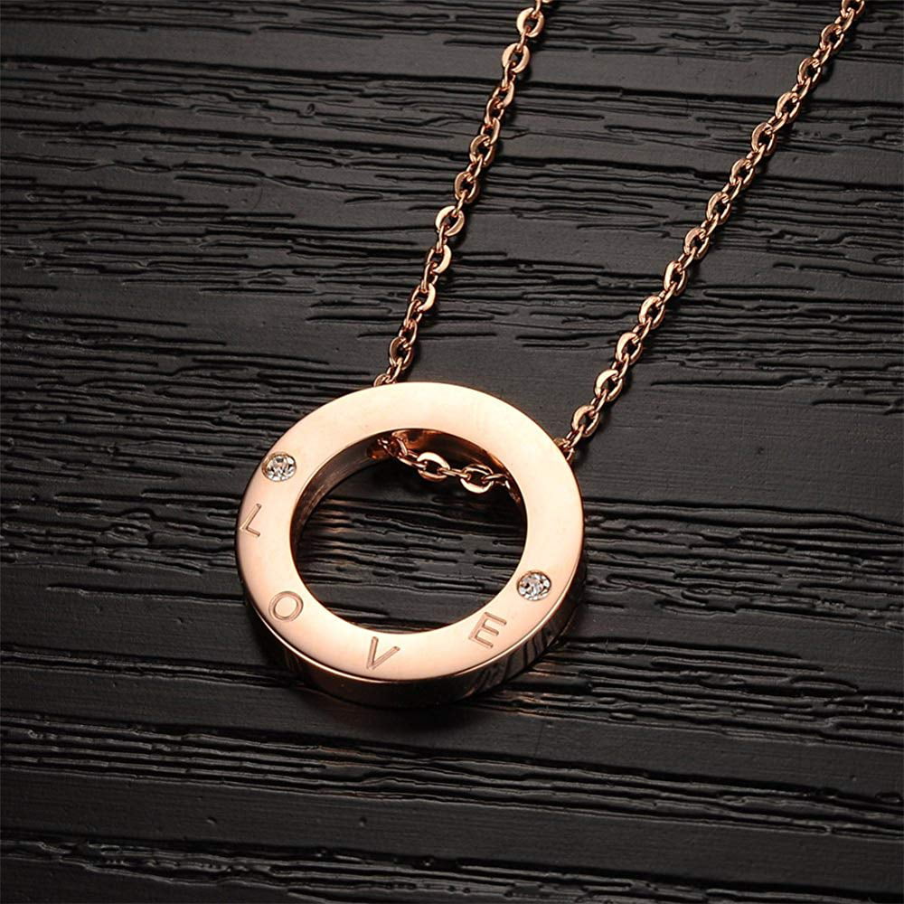$99 ROBERT MATTHEW Eternity Love 18k Rose Gold Pendant Necklace Rose Gold Plated Stainless Steel Ring Pendant Necklace MSRP Cubic Zirconia Necklace CZ Necklace