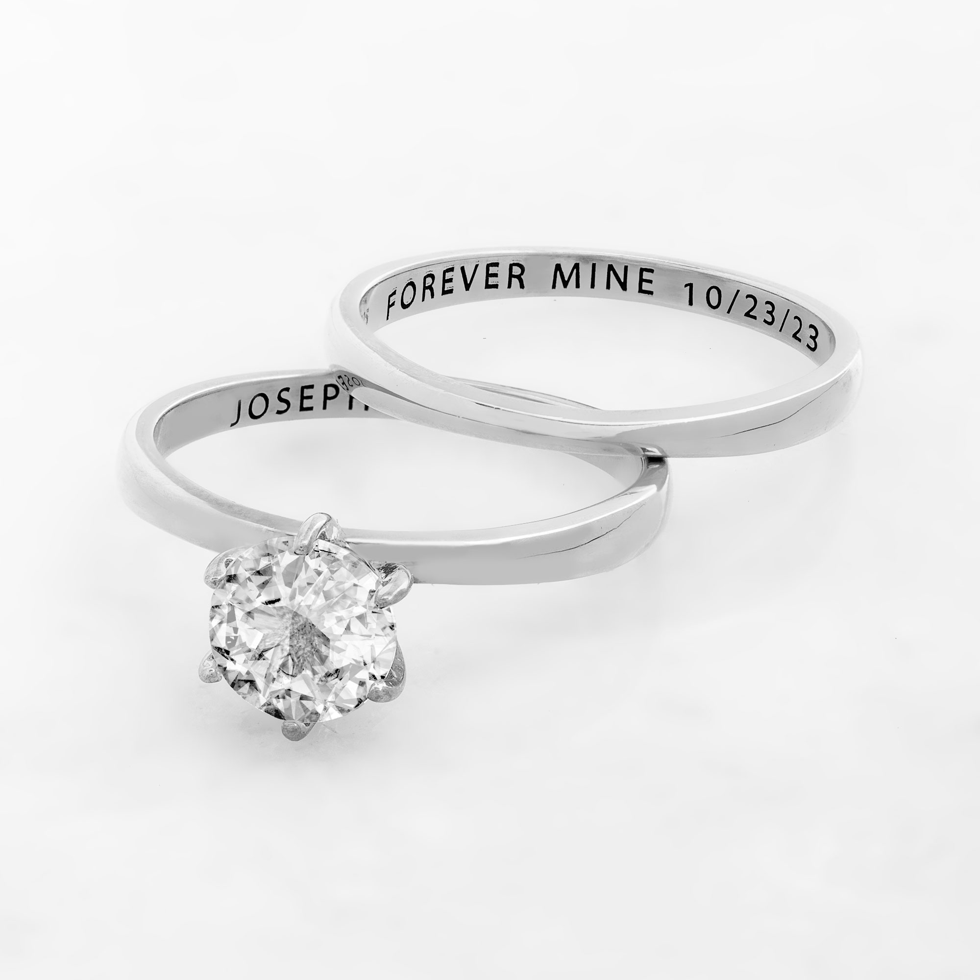 Vow & Forever Personalized Planet Bridal Platinum over Sterling Silver Round White Topaz 2-Piece Engraved Wedding Ring Set ,Women's