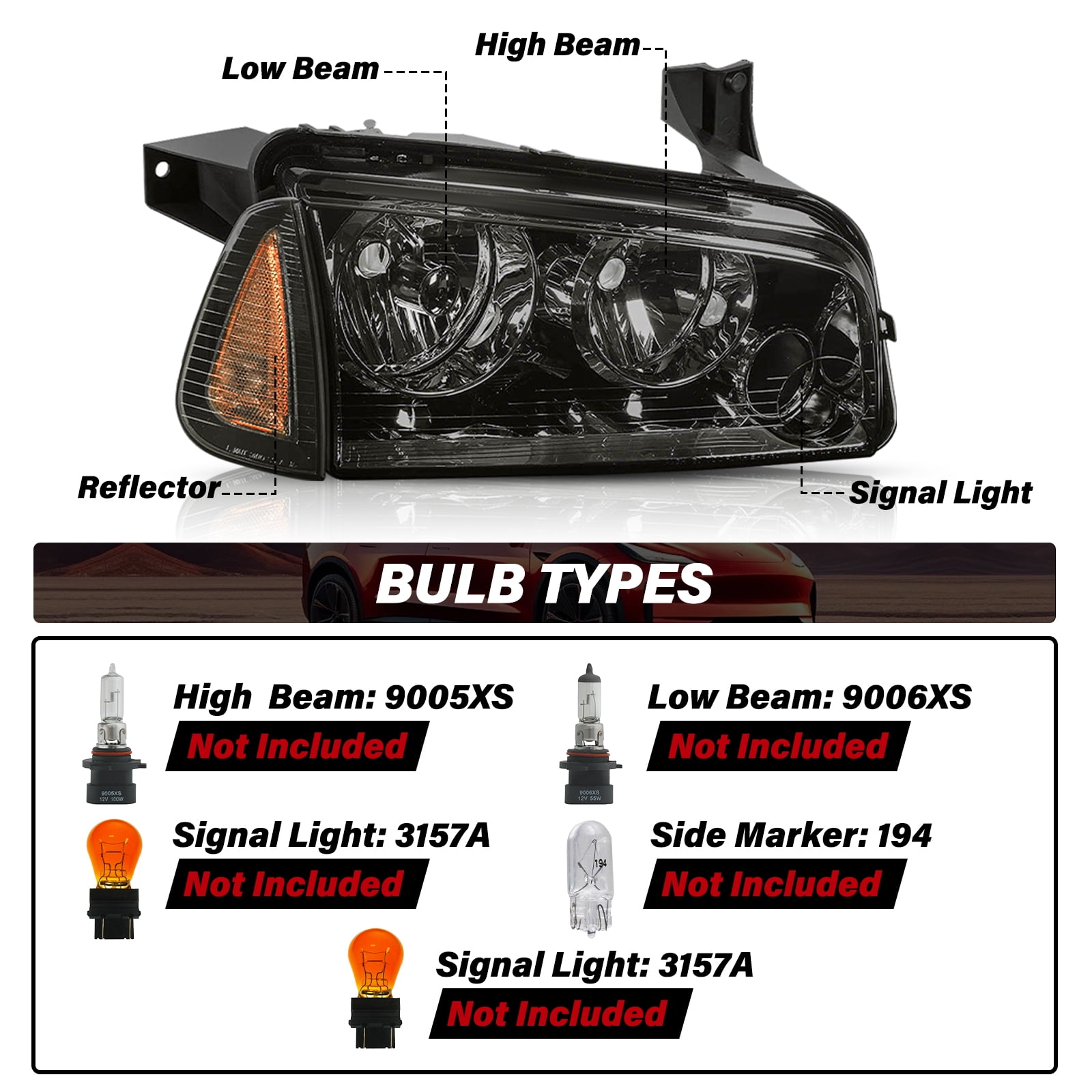 Pair Smoke Amber Headlamp For 2006-2010 Dodge Charger Halogen Headlight Assembly