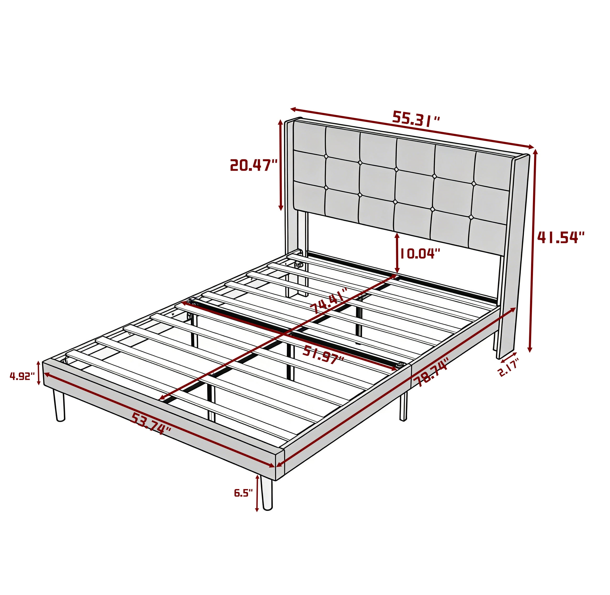 Gewnee Light Grey Full Size Platform Bed Frame Linen Upholstered Tufted Headboard Solid Wood Slat Support with Center Leg for Bedroom No Box Spring