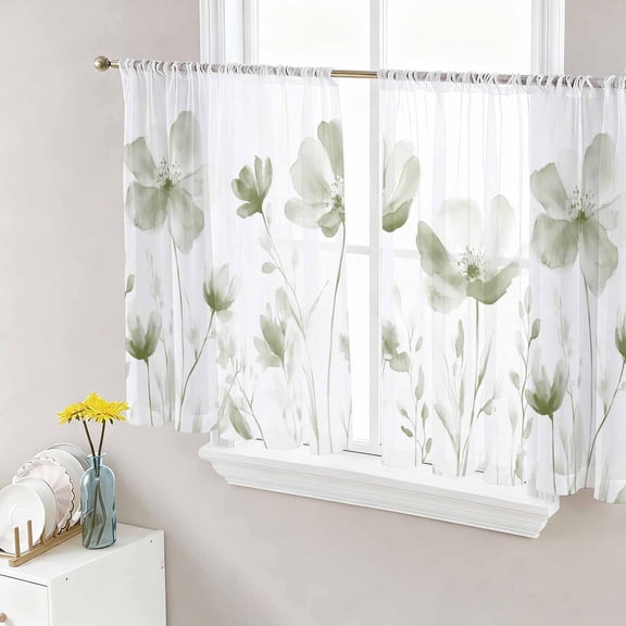 Sage Green Flowers Semi Sheer Curtains 54 Inch Length 2 Panels Set, Watercolor Retro White Floral Leaves Sheer Kitchen Curtain Privacy Voile Window Curtain for Living Room Bedroom Rod Pocket Drapes