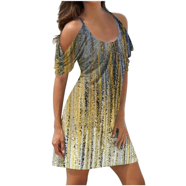 QIPOPIQ Robes pour Femmes Robe à Volants Fumée Manches Courtes Robes Imprimées Épaules Dénudées Robe d'Été Col Rond Robe Offres 2023