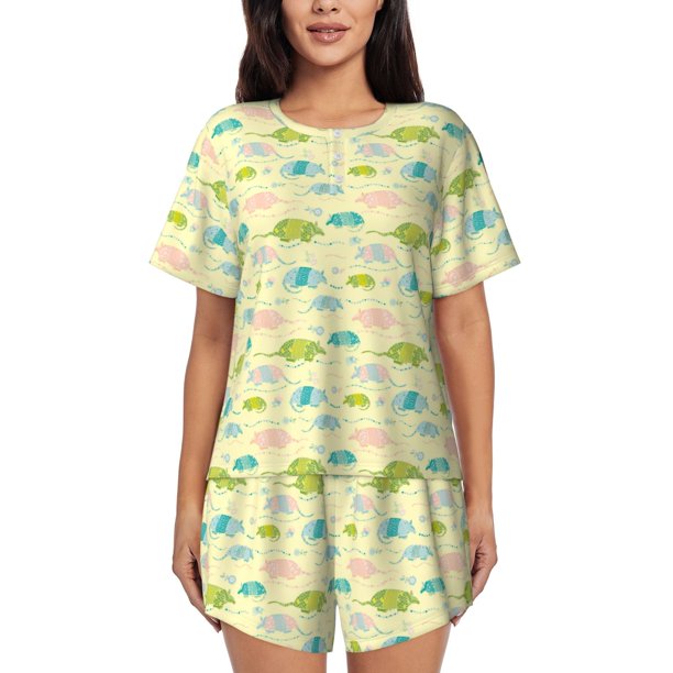 Balery Armadillo Floral Conjunto de Pijama para Mujer con Estampado, Dos Piezas de Manga Corta y Shorts, Ropa de Dormir Suave con Cuello Redondo y Bolsillos-X-Large