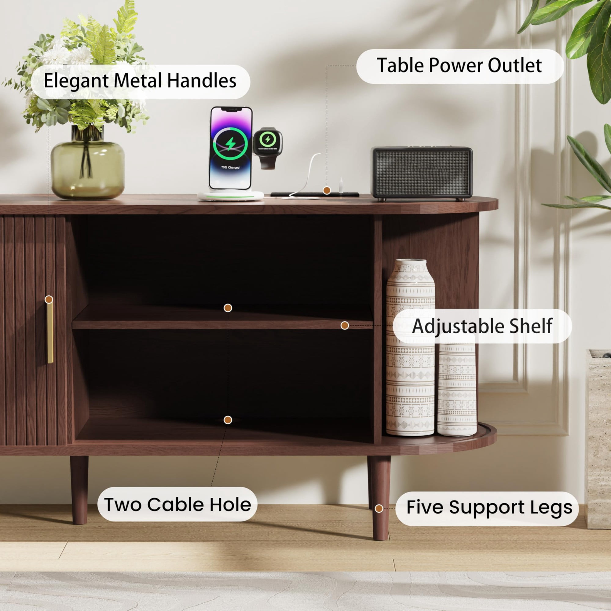 55 Inch Mid Century Modern TV Stand with Power Outlet, Fluted Media Console with Sliding Doors for TVs up to 60 Inch, Walnut