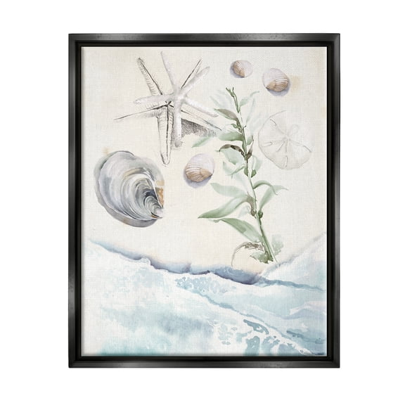 Stupell Starfish & Shells Lapping Beach Shore Landscape Painting Black Floater Framed Art Print Wall Art