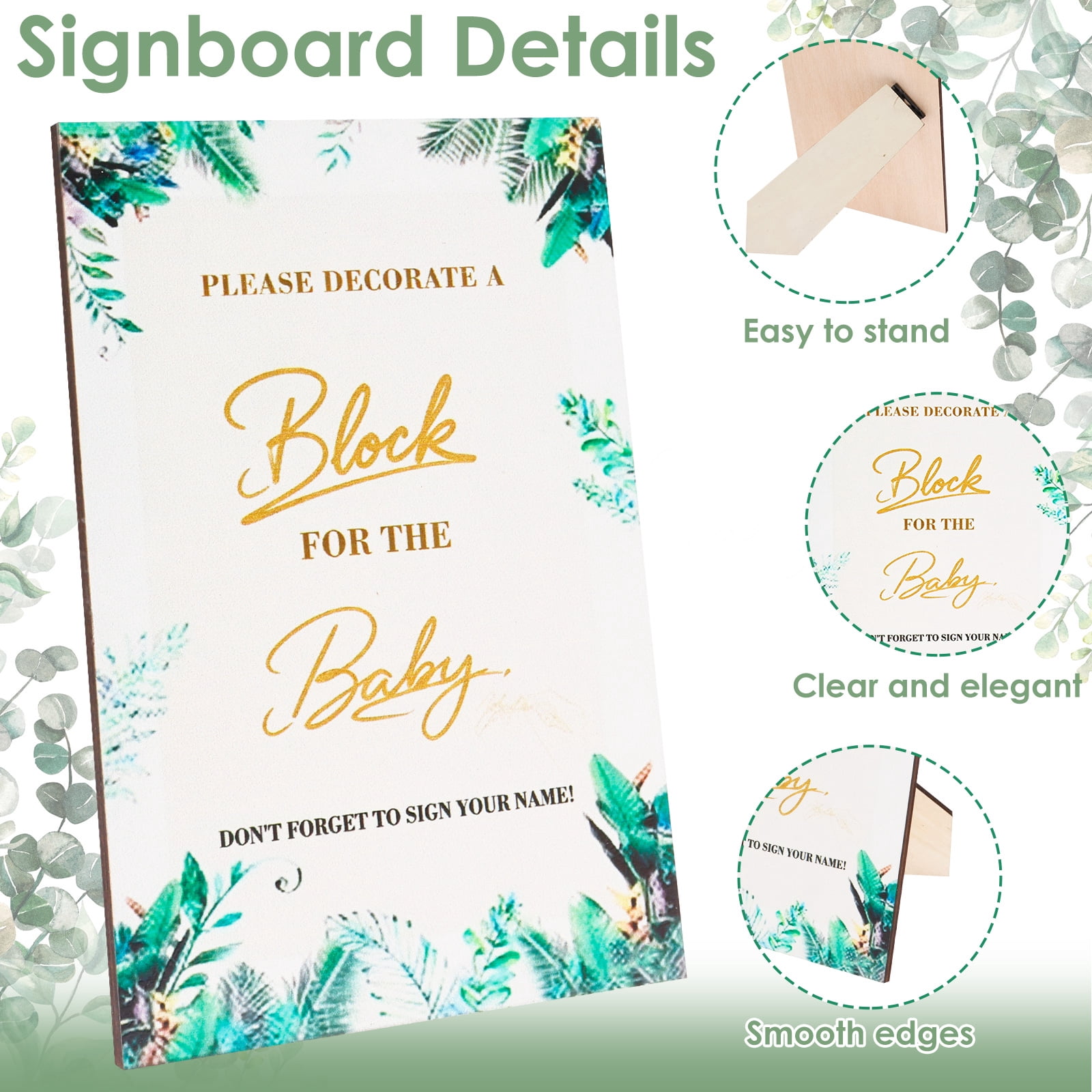 Threns 85Pcs Baby Shower Games Sign Kit, Baby Shower Blocks Game Set with Wooden Box, Acrylic Markers, Wooden Sign for Baby Shower Games, Gender Reveal and Decorations (GreenLeaves)