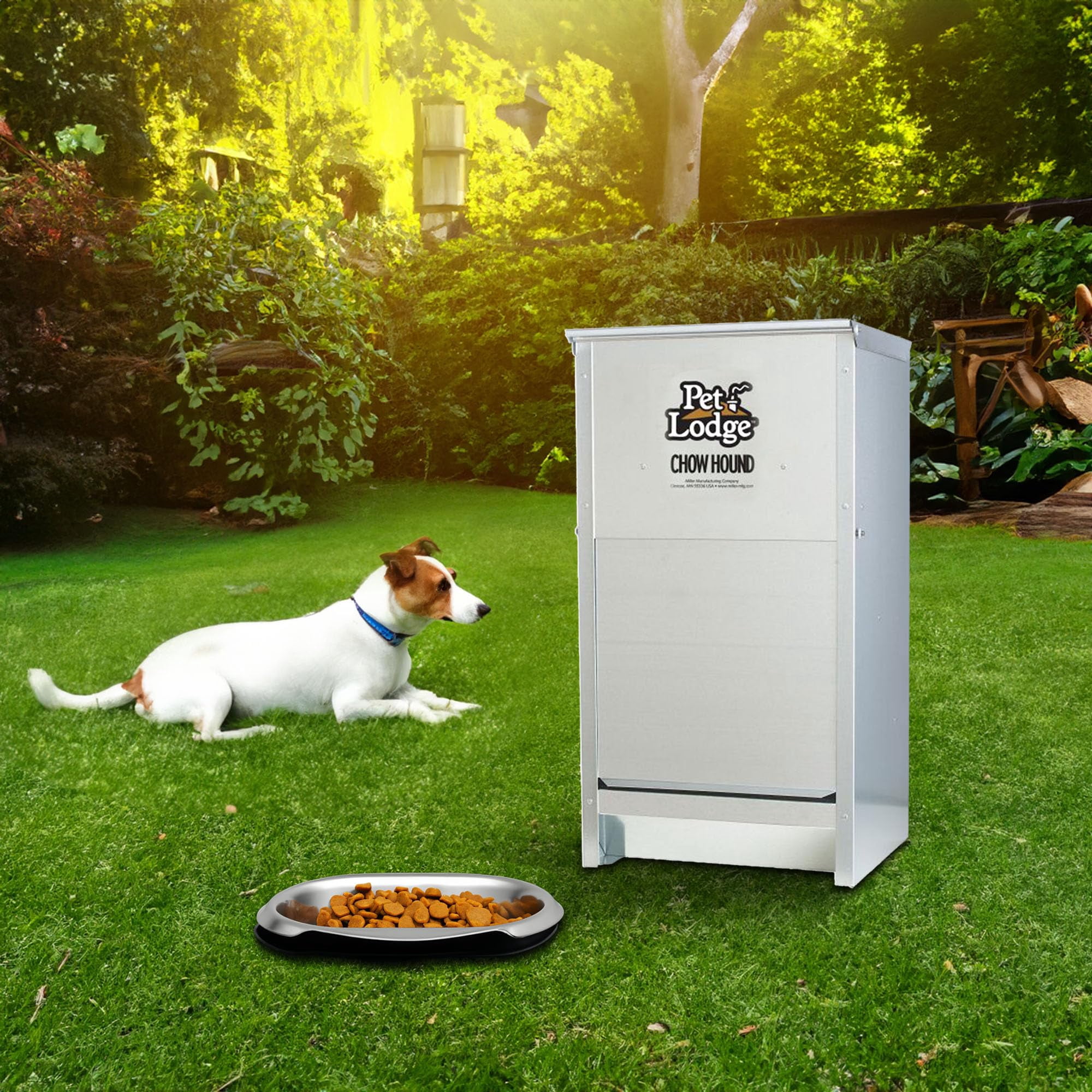 Chow Hound Automatic Dog Feeder 25LB Capacity Heavy Duty Steel Indoor Outdoor Pet Dispenser with Magnetized Door Angled Chute Wall Mountable Silver