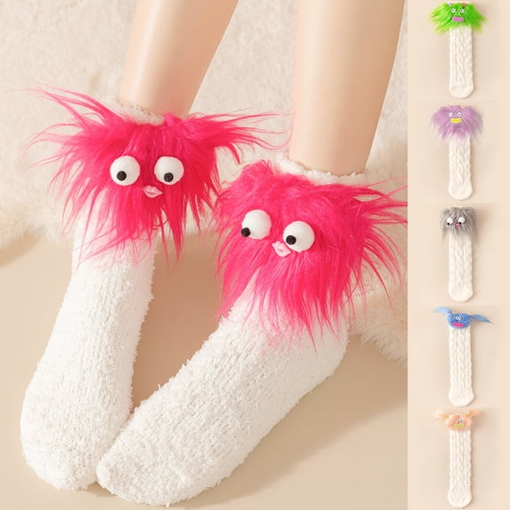 Fabrcox Womens Fuzzy House Slipper Socks, Cute Monster Decor, Non Slip Grips Fluffy Winter Indoor Socks, Warm Loungewear Socks for Sleeping at Home (Gray)
