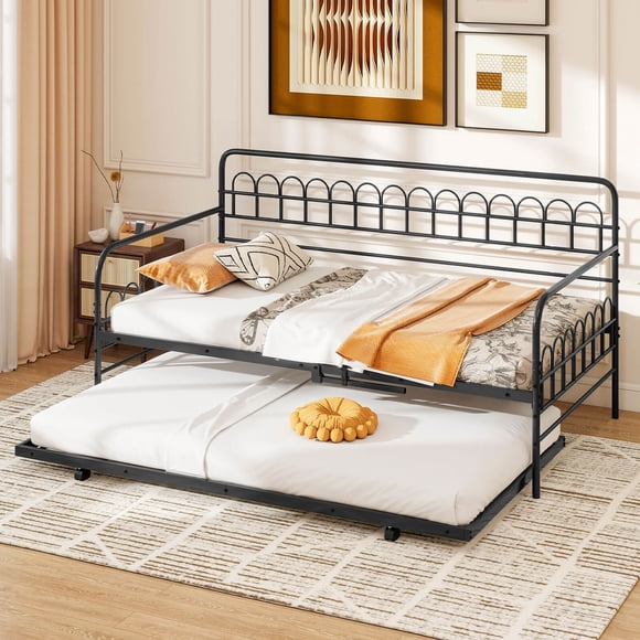 Costway Twin Daybed with Trundle Curved Backrest & Armrests Heavy-duty Metal Slats Black