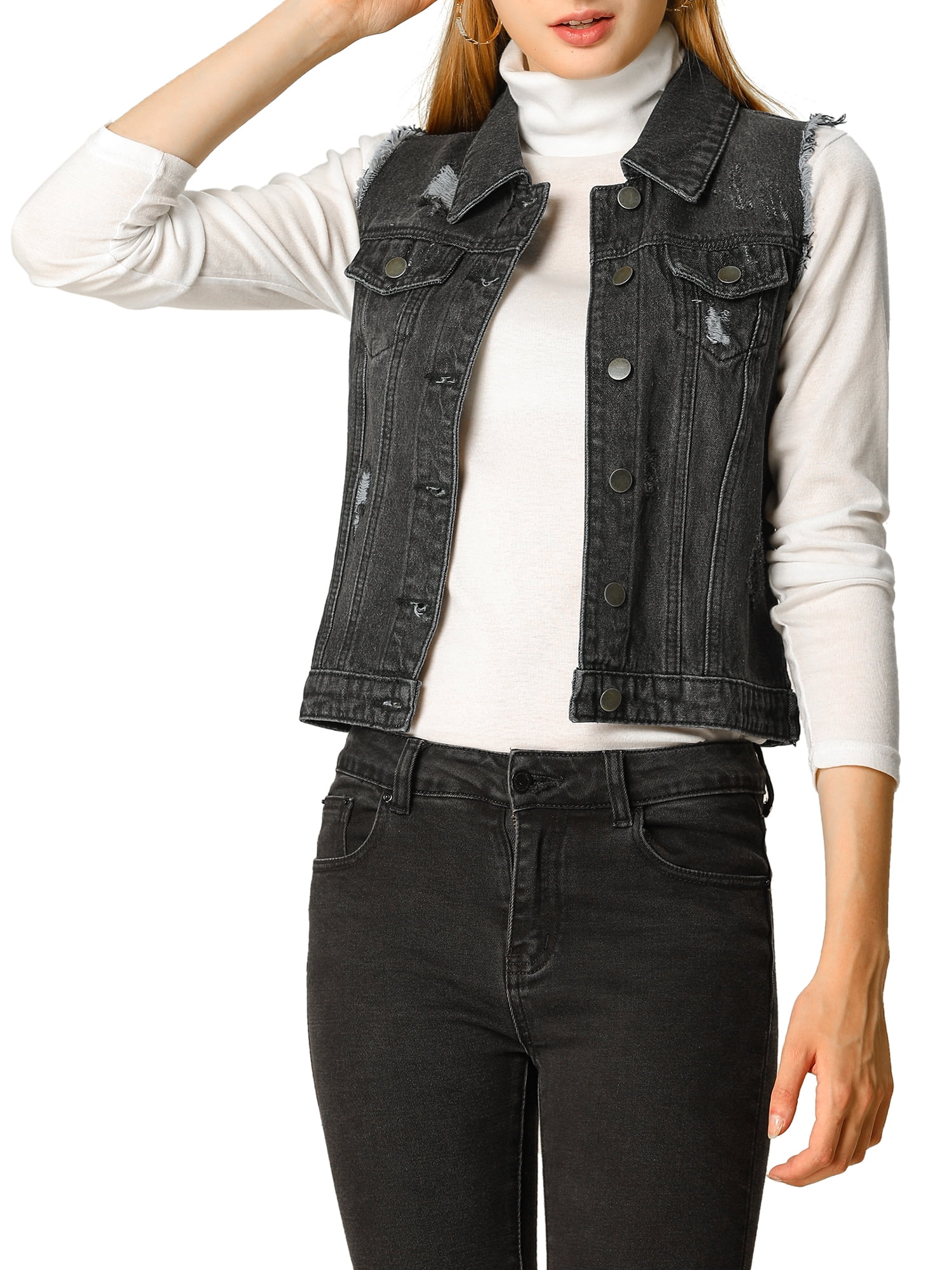 Unique Bargains Allegra K Women's Turn Down Collar Button Denim Washed Vest