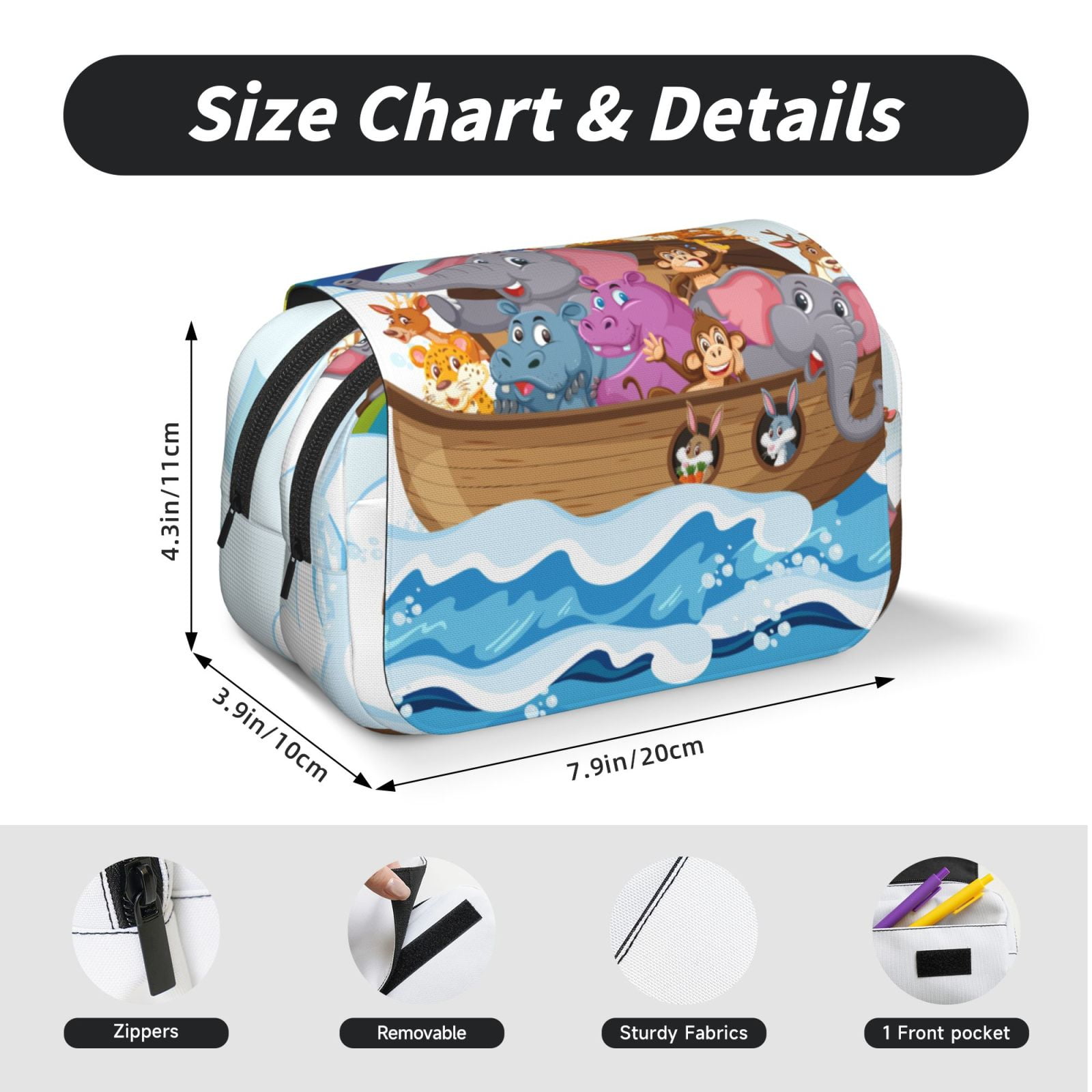Rateoe Rainbow Animals on Noah's Ark Pattern Double Clamshell Pen Case, Storage Organizer with Two Zipper Compartments– Holds Up to 50 Pencils & Pens