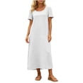 thumbnail image 4 of Women's Solid Round Neck Beach Dress Short Sleeve Vacation Skirt, 4 of 8