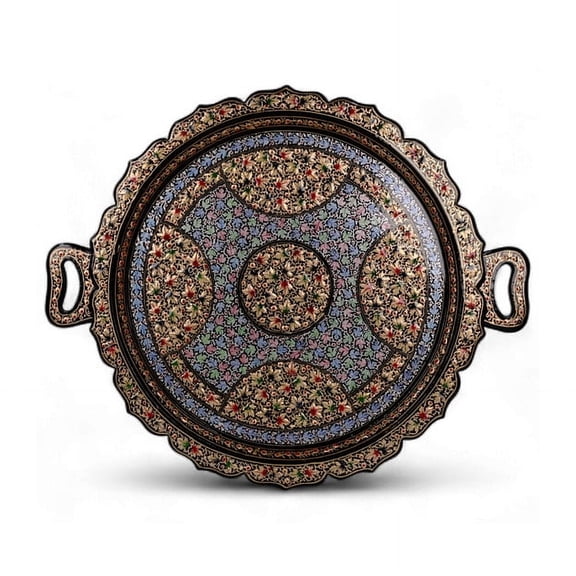 Round Black Papier-Mâché Tray with Hand-Painted Chinar Designs – A Touch of Kashmiri Tradition