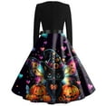 thumbnail image 4 of Knosfe Halloween Dress for Women Funny Pumpkin Spider Swing A Line Hepburn Dresses Long Sleeve V Neck Party Retro 1950s Dress with Belt Cyan 5XL, 4 of 4