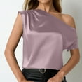 thumbnail image 2 of Kaemgyyd Off the Shoulder Tops for Women Satin Silk Short Sleeve Shirts Casual Asymmetrical Neck Office Work Tunics Blouse, 2 of 4