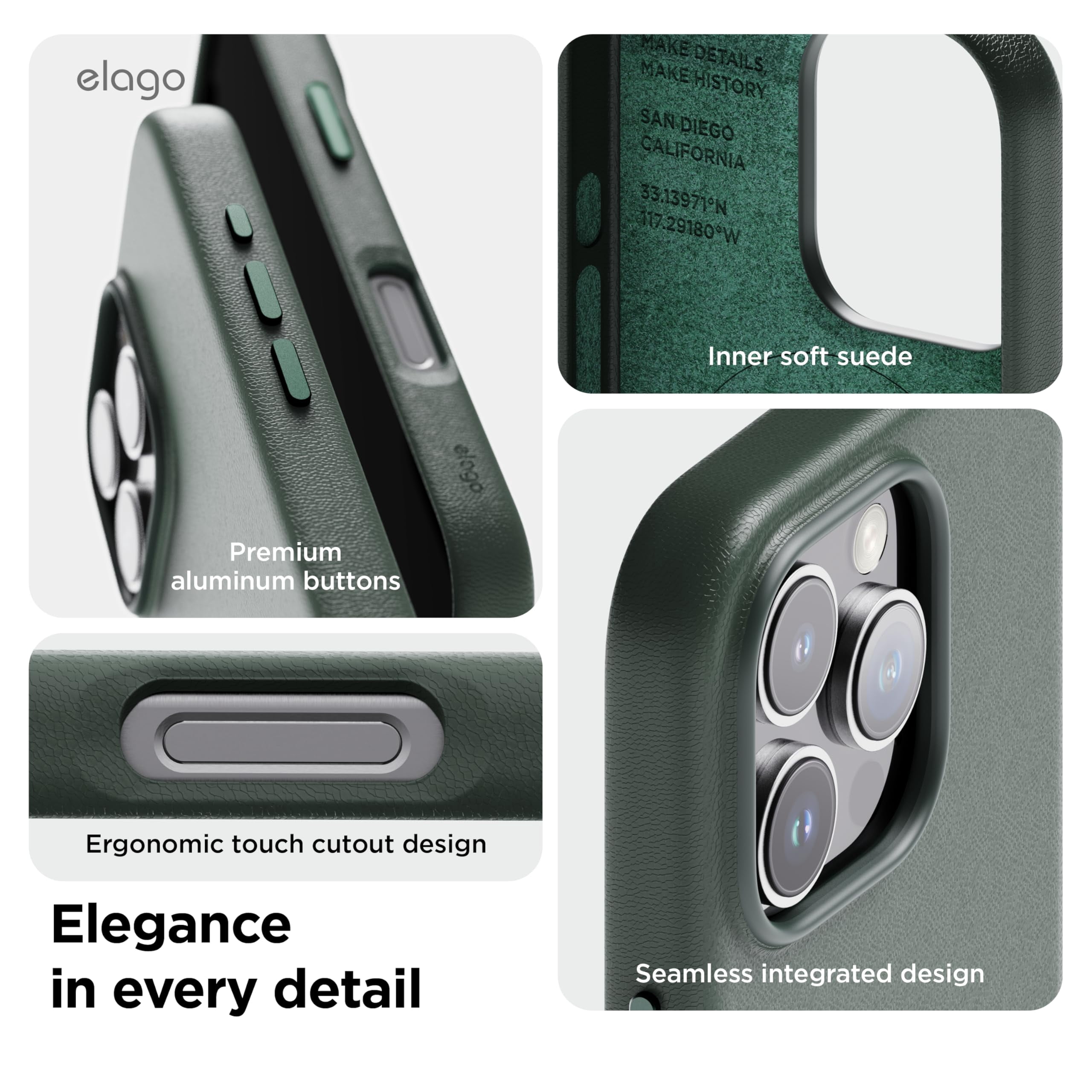 elago Magnetic Leather Case Compatible with iPhone 16 Pro Case, Compatible with All MagSafe Accessories, 6.3 inch - Built-in Magnets, Vegan Leather, Shockproof, Water-Resistant [Midnight Green]