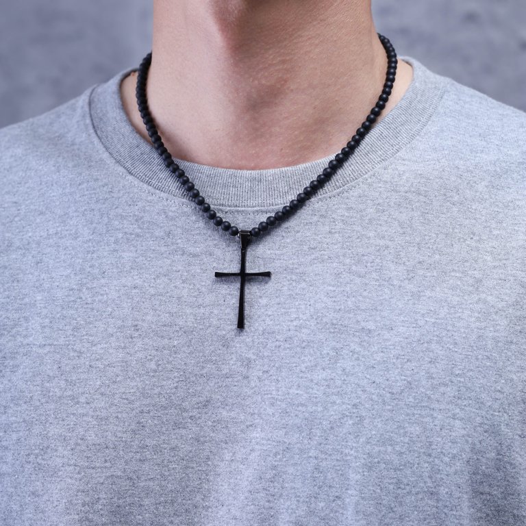 Bronzite Necklace for Men, Stone Bead Pendant, Minimal Cord