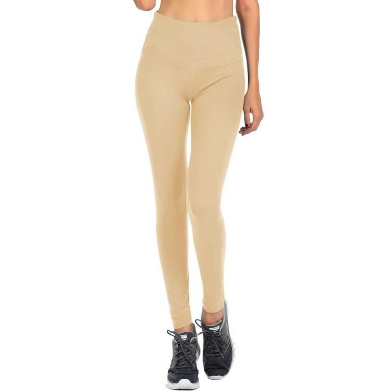 VIV Collection Signature Leggings Yoga Waistband Soft and Strong Tension  w/Hidden Pocket (S, Beige) 