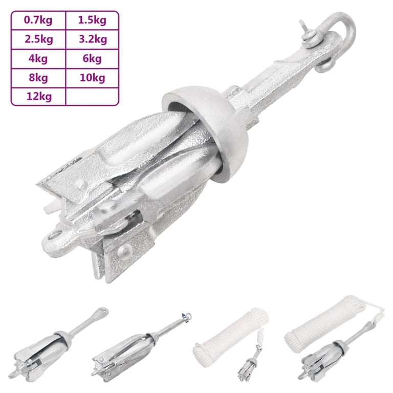VidaXL 9" Folding Grapnel Anchor For Small Boat, Kayak, Canoe - 4 Claw, Malleable Iron, With Rope