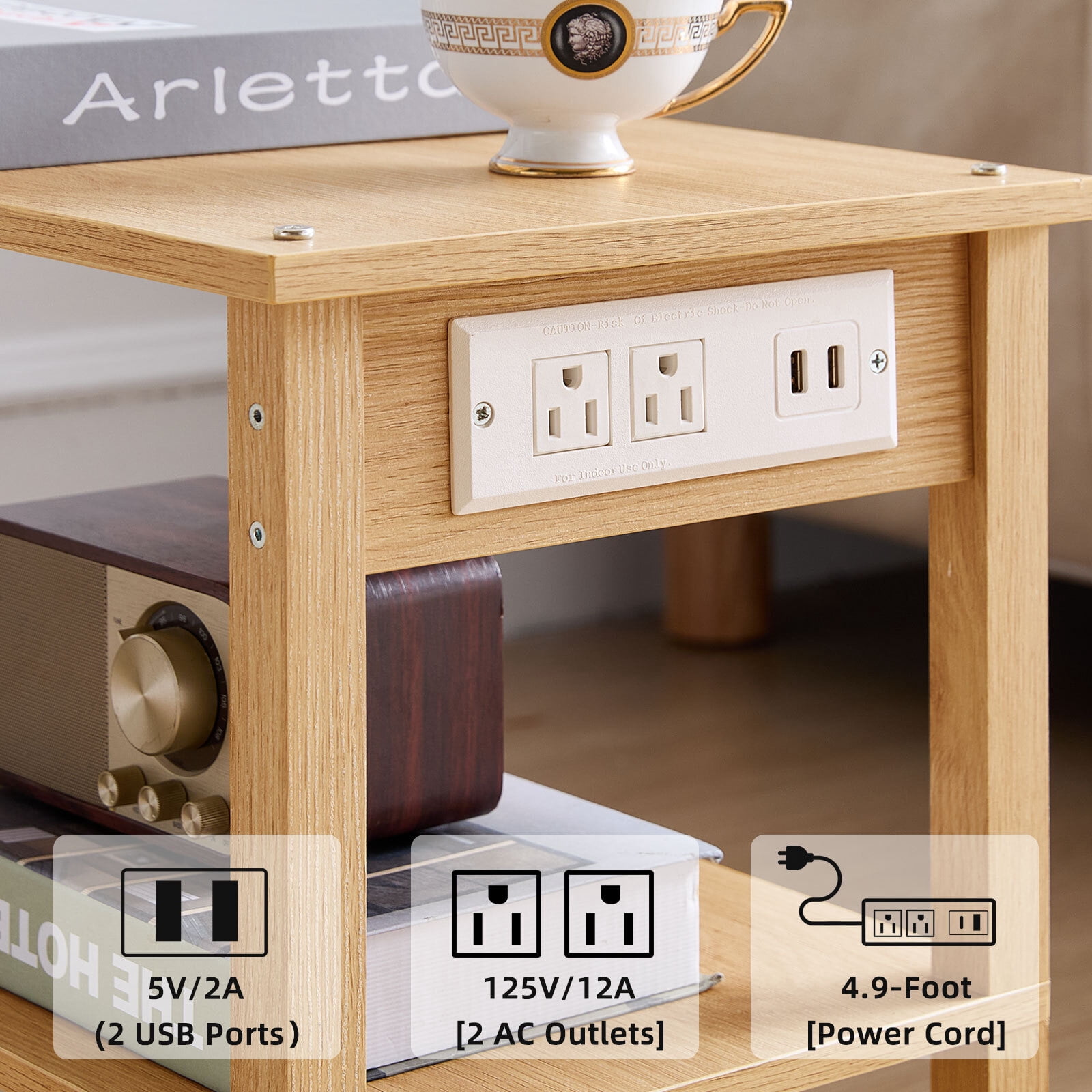 Leyaoya 2-Tier Printer Stand with Charging Station, Under Desk Organizer with Storage Shelves for Home Office, Natural Oak