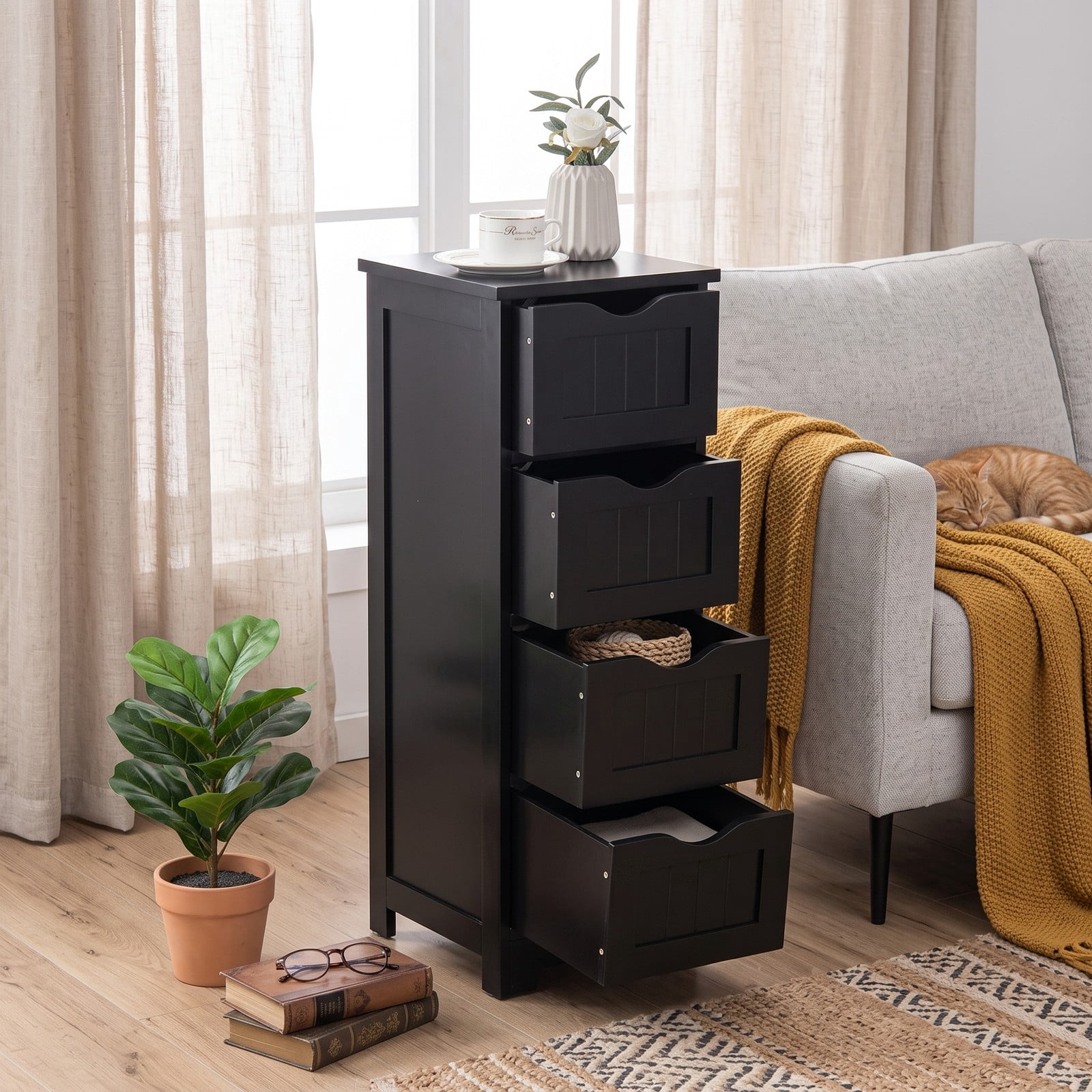 ALPULON 4-Drawer Freestanding Bathroom Floor Cabinet, Narrow MDF Storage Side Organizer with Anti-Toppling Device and Cut-Out Handles for Bathroom Living Room, Black