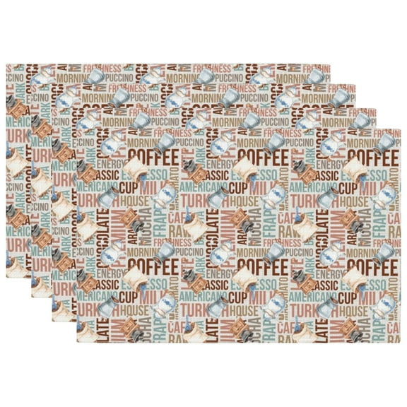 Coffee Placemats Set of 4, Coffee Grinder Coffee Text Pattern Fresh Filter Coffee, Dining Room Kitchen Rectangular Runner 12X18inch