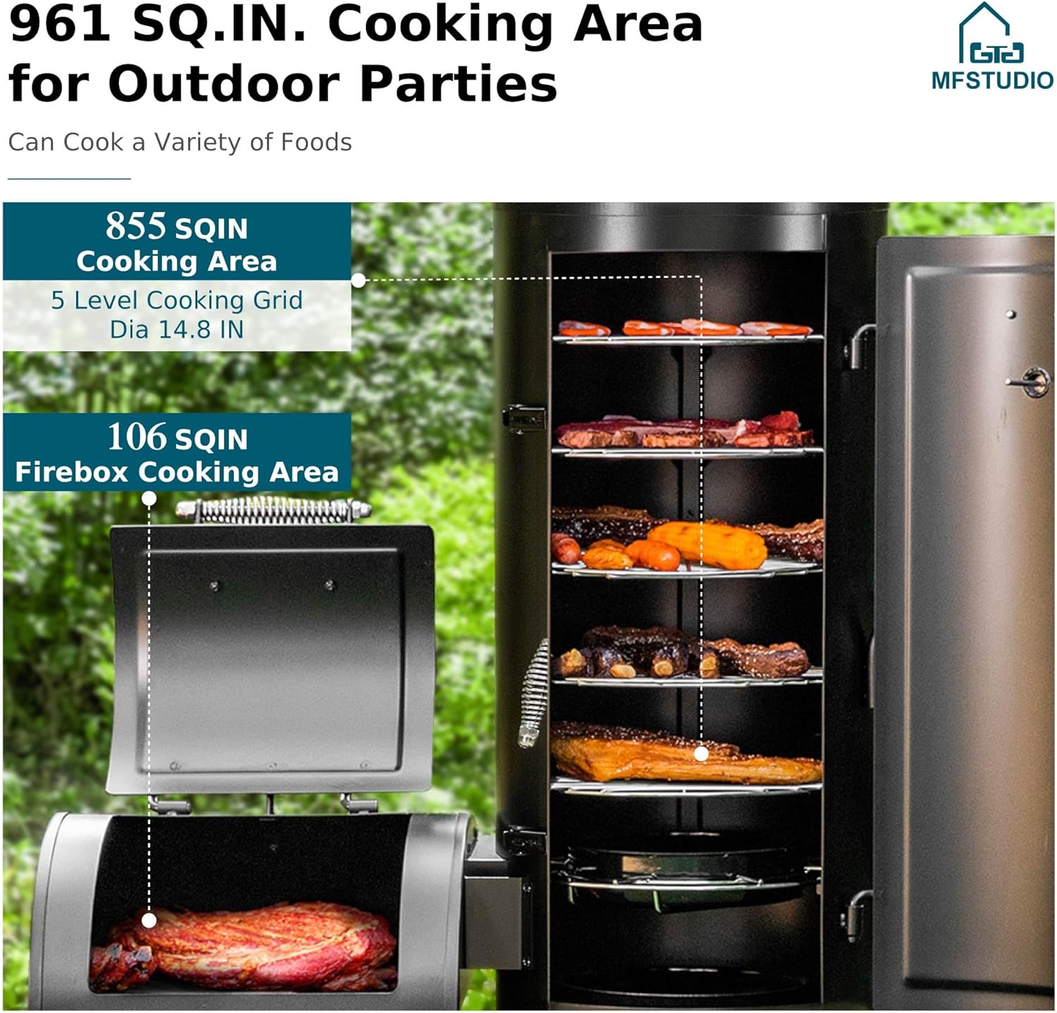 Large BBQ  Grill & Drum Smoker Combo with Hanging Racks and Removable -Plated Grates, 961 SQ.IN. Cooking Area