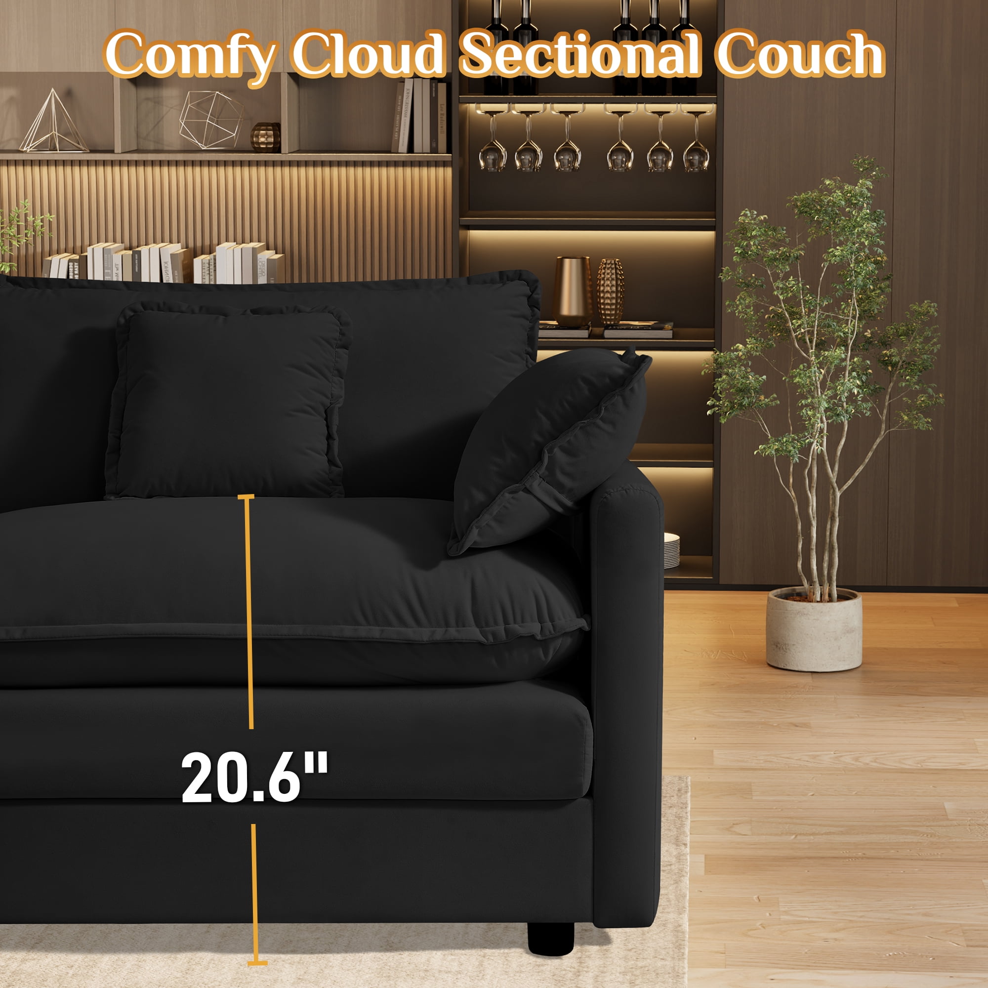 Wiilayok 163.2" U Shaped Sectional Sofa,Velvet Cloud Modular Sectional Sofa Couch Set with Double Chaise,Central Console,Cup Holder for Living Room,Black