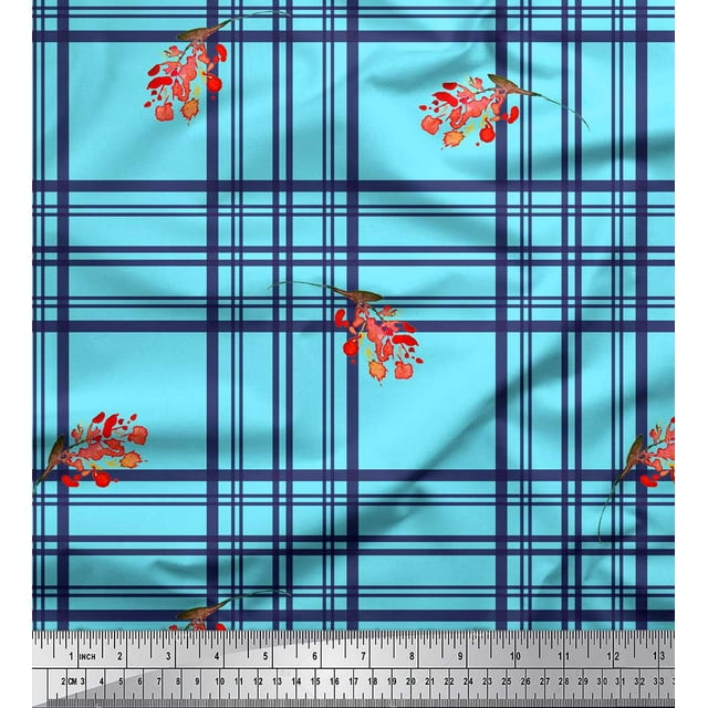 Soimoi Blue polyester Crepe Fabric Watercolor Flower & Check Fabric Prints By Yard 42 Inch Wide