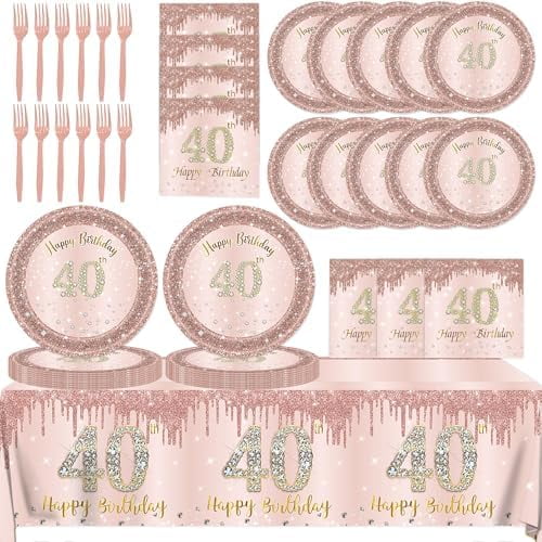 40th Birthday Decorations for Women,61Pcs Rose Gold 40th Birthday Decorations Tableware Include Happy 40th Birthday Plates and Napkins,Tablecloth,Forks,40th Birthday Party Supplies Serve 20