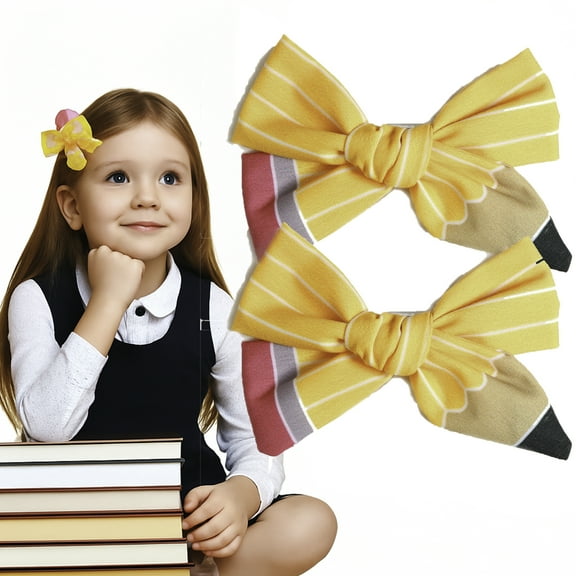 Girls Back to School Hair Clips, 2-Pack Pencil & Bow Barrettes | First Day Outfit Accessory, Uniform Match