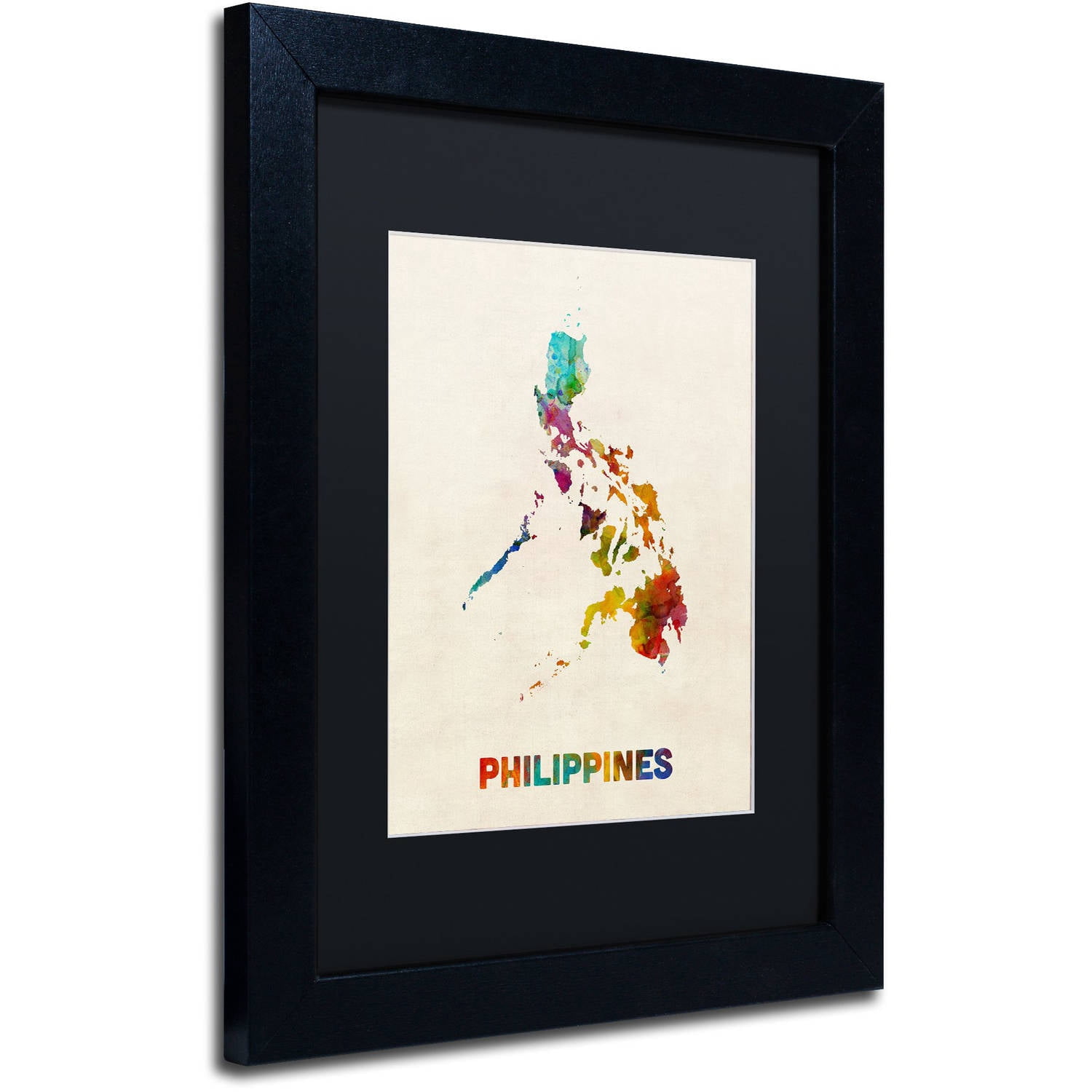 Trademark Fine Art "Philippines Watercolor Map" Canvas Art by Michael Tompsett, Black Matte, Black Frame