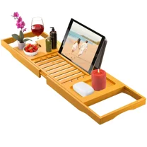 Bambusi Bathtub Caddy with Extendable Sides, Wine Glass Holder, Book Stand and Phone Tray