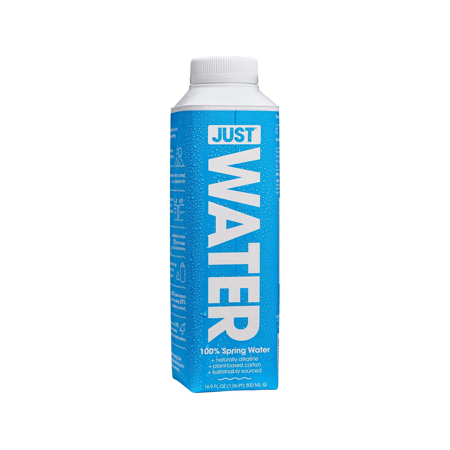 JUST Water, Premium Pure Still Spring Water in an Eco-Friendly BPA Free Plant-Based Bottle - Naturally Alkaline, High 8.0 pH - Fully Recyclable Boxed Water Carton, 16.9 Fl Oz (Pack of 12)