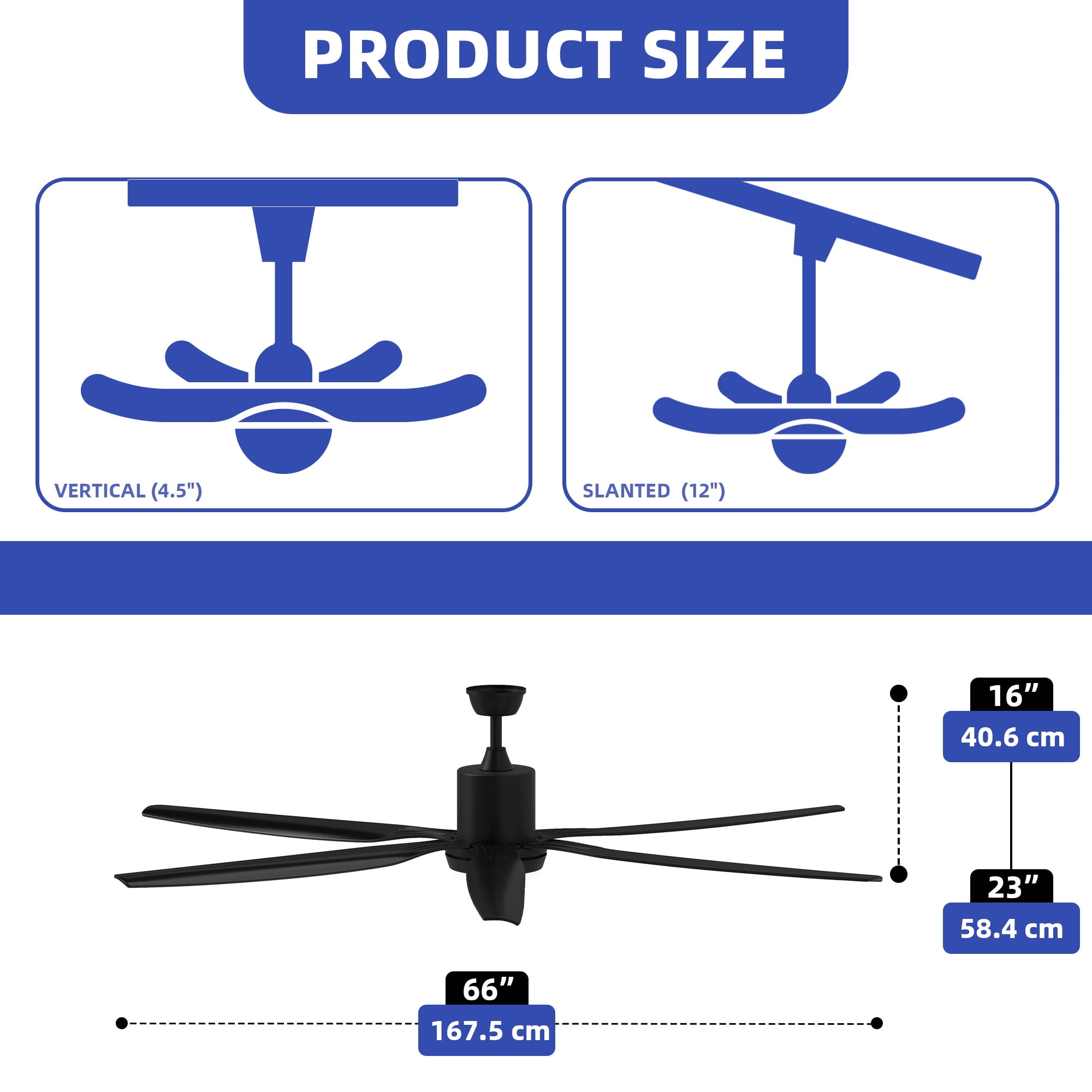 ModFusion 66-Inch Large Black Ceiling Fan with 6 Blades, Smart Control, LED Light, Reversible Quiet DC Motor, Remote & App Controlled
