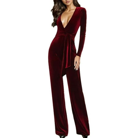 Fsqjgq Jumpsuits for Women Red Overalls Bodysuit Trendy Beach Clothes Plus Size V Neck Slim Fit Solid Color Long Sleeve Jumpsuit with Wide Legs For Autumn And Winter Bodysuits for Women L