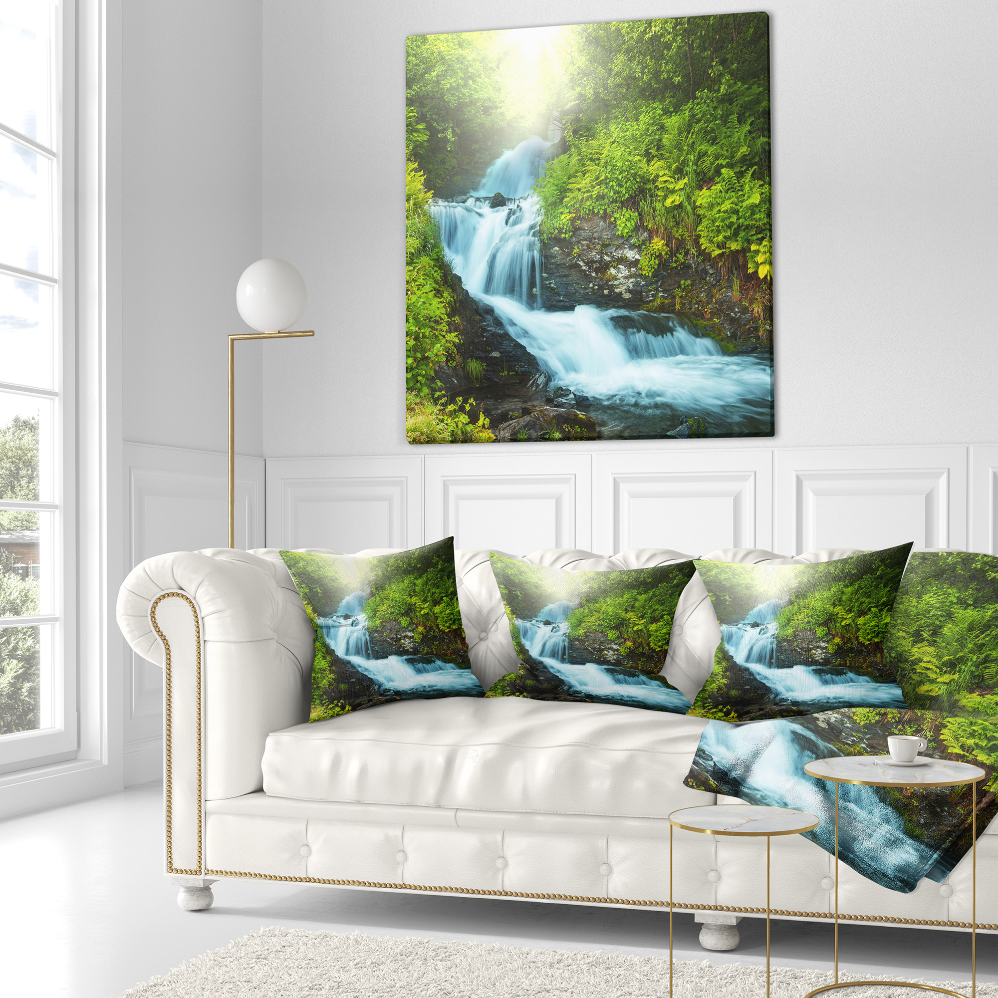 Designart Wonderful Creek in Green Forest - Landscape Printed Throw Pillow - 18x18