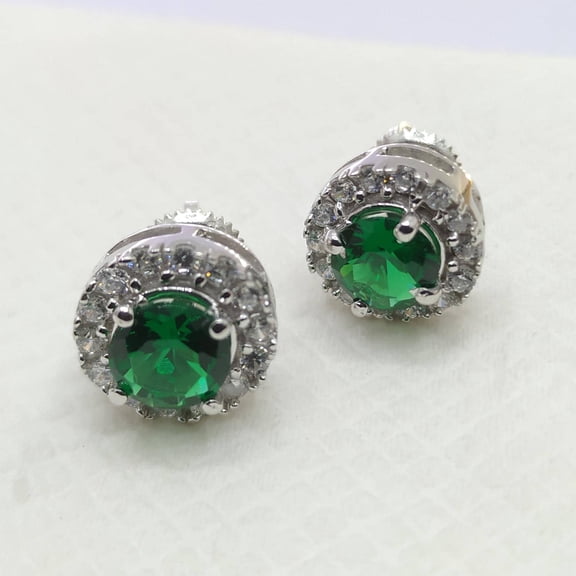 14K White Gold Plated Silver 1.00Ct Round Lab Created Green Emerald Screw Back Stud Earrings