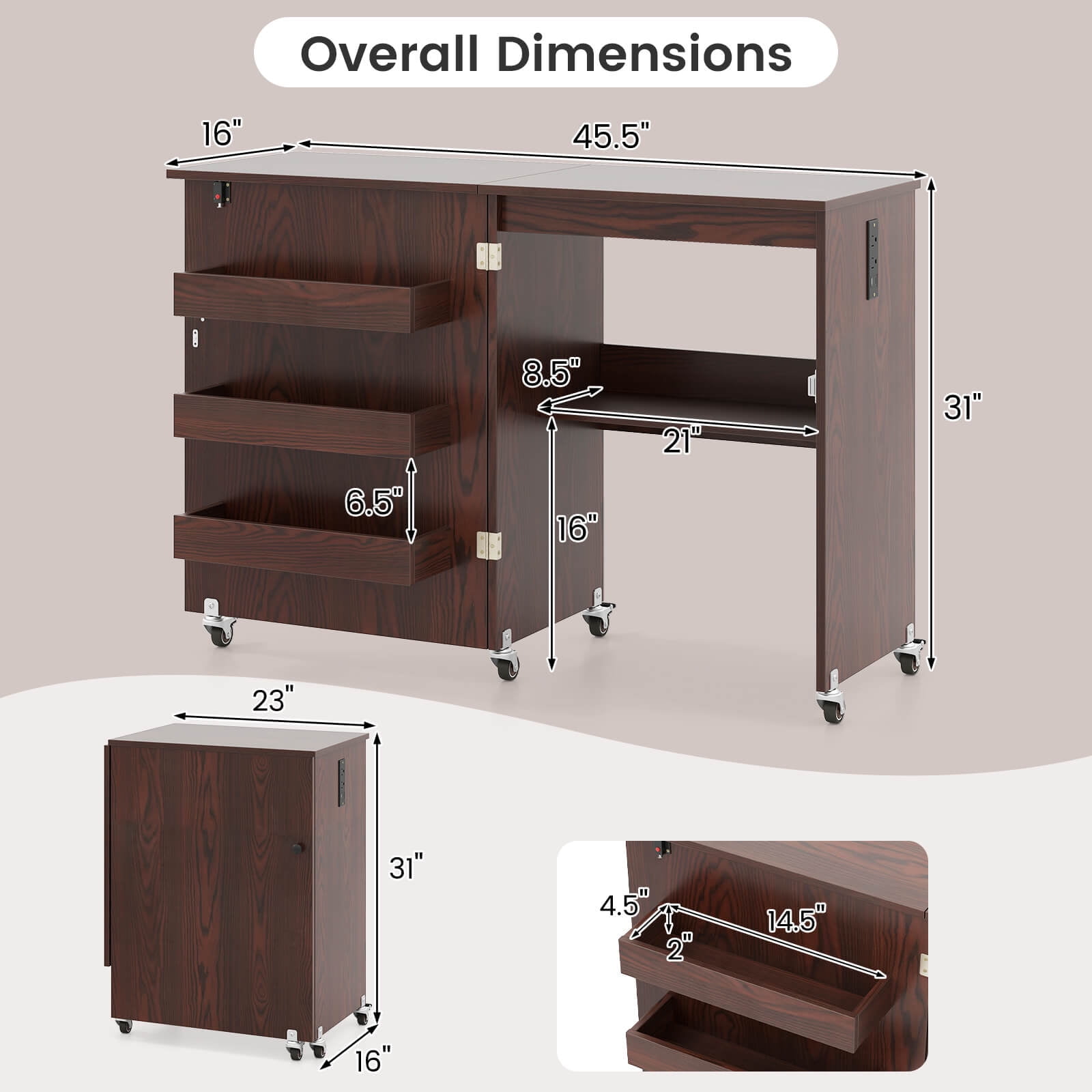Costway Folding Sewing Table Rolling Craft Station with 3 Storage Bins & Charging Station Brown