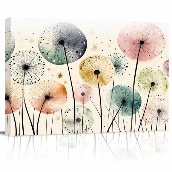 Spring Wildflowers Canvas Print Wall Art Watercolor Pink Yellow Green Dandelion Floral Beige Pictures Painting Morden Artwork for Living Room Bedroom, Ready to Hang - 12"x16"