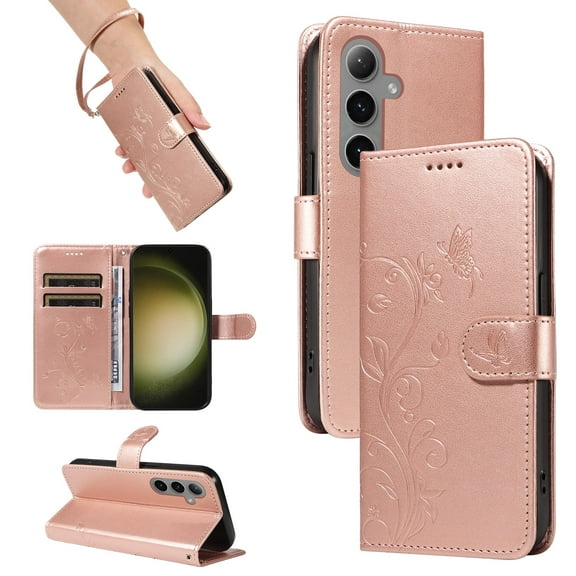 Wallet Case for Samsung Galaxy S24 Plus, PU Leather Butterfly Embossed Slim Flip Cover for Girls Women Shockproof Cards Holder Hand Wrist Phone Case for Galaxy S24 Plus - Rosegold