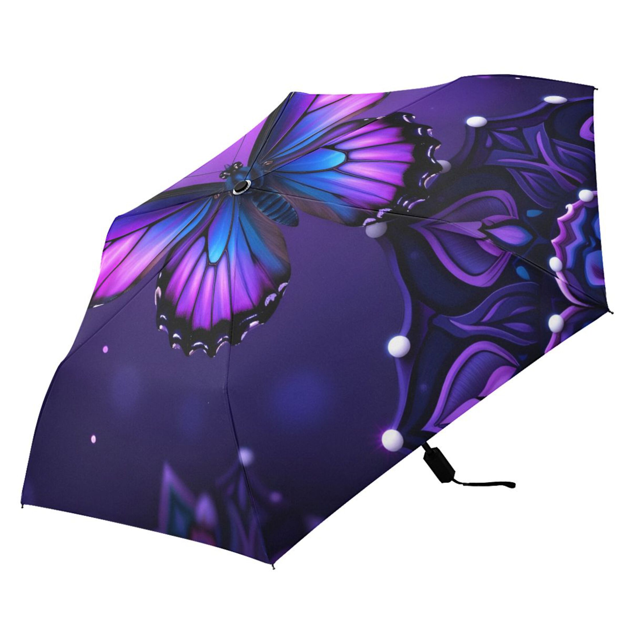 Mandala Flowers Purple Butterflies All Weather Umbrella Triple Folding Parasol 6 Ribs UV Protection Portable