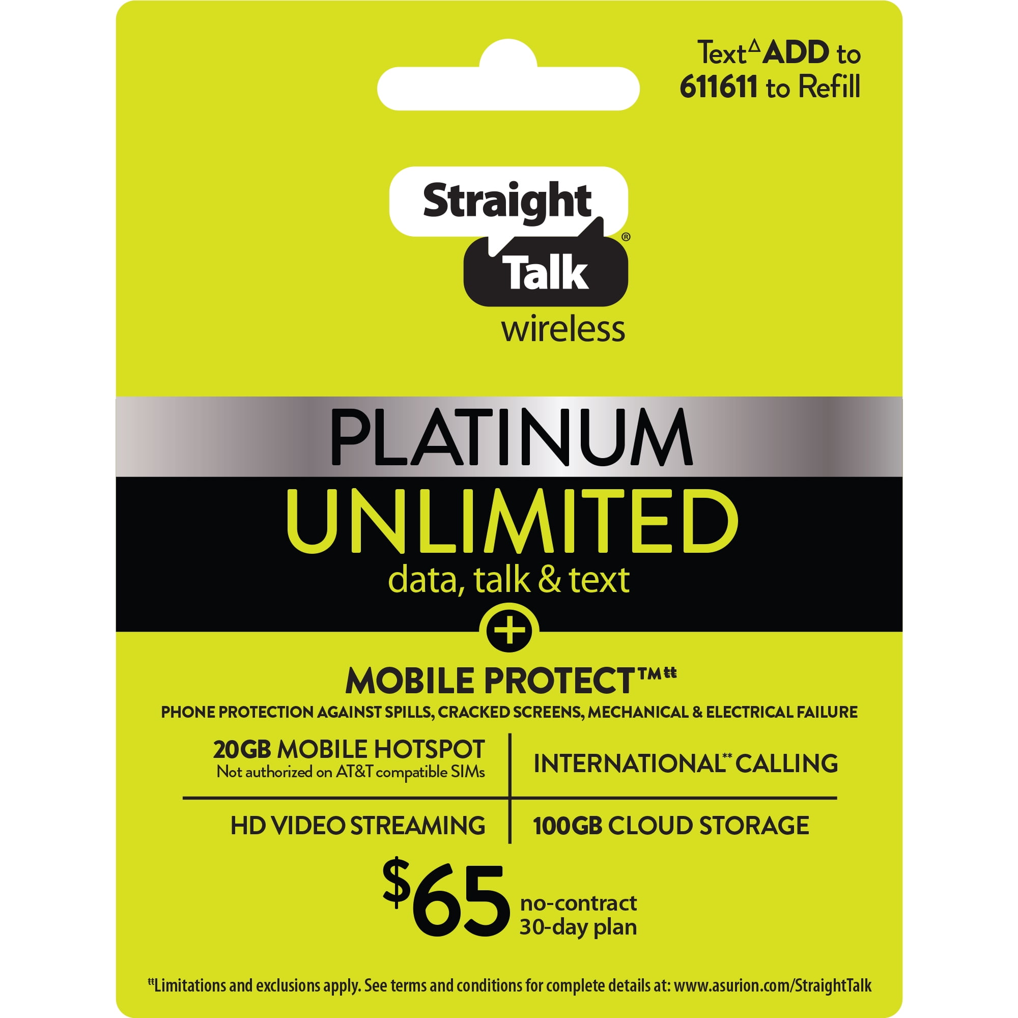 Straight Talk 65 Platinum Unlimited Plus Mobile Protect 30 Day Plan E Pin Top Up Email Delivery Walmart Com Walmart Com