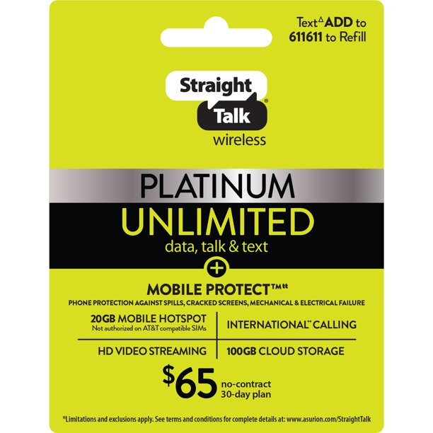 Straight Talk 65 Platinum Unlimited + Mobile Protect 30Day Prepaid