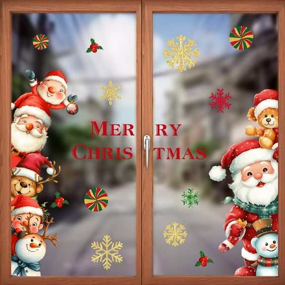 Olilia Cartoon Christmas Door Stickers, Winter Santa Claus Wall Stickers, Removable Static Stickers, Living Room, Glass Doors, Windows, Refrigerators, Walls, Christmas Decorations.