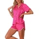 thumbnail image 4 of Pijamas de satén para mujer INSPIRE CHIC, conjuntos de dos piezas de manga corta con pantalones cortos, 2XL, rosa intenso, 4 of 6